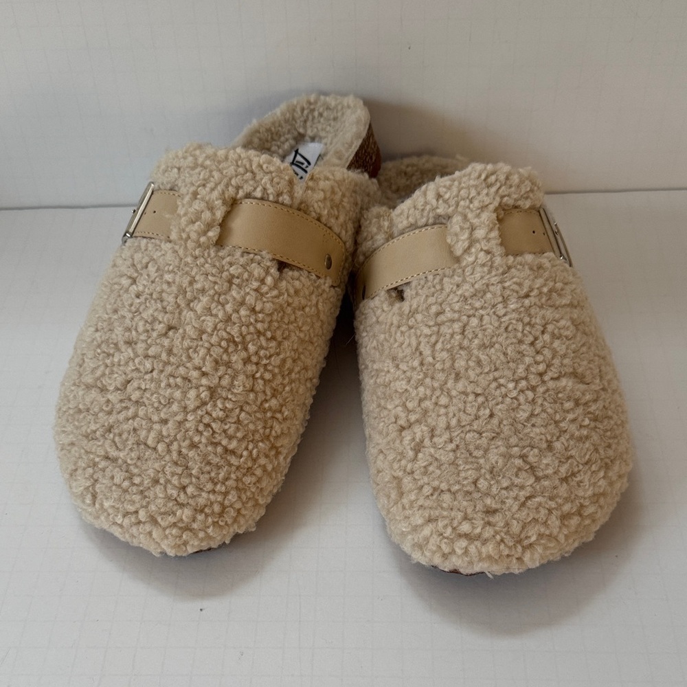 Sherpa Cream Slides Cork Bottom Buckle Open Back by Liliana